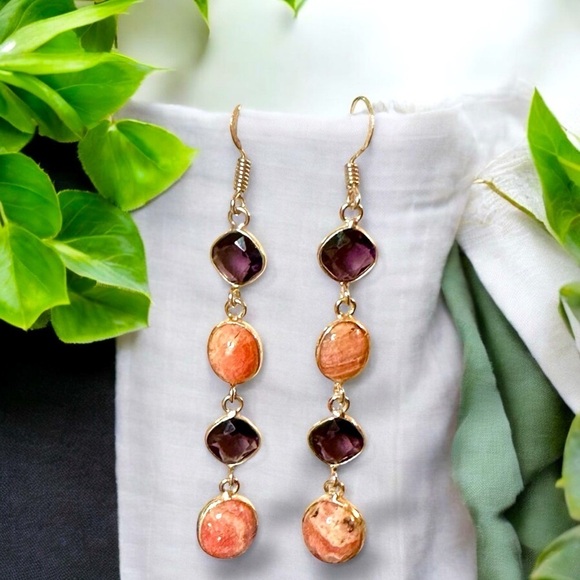 Handmade Jewelry - Handmade Amethyst and Rhodochrosite Dangle Earrings S925 Sterling Silver